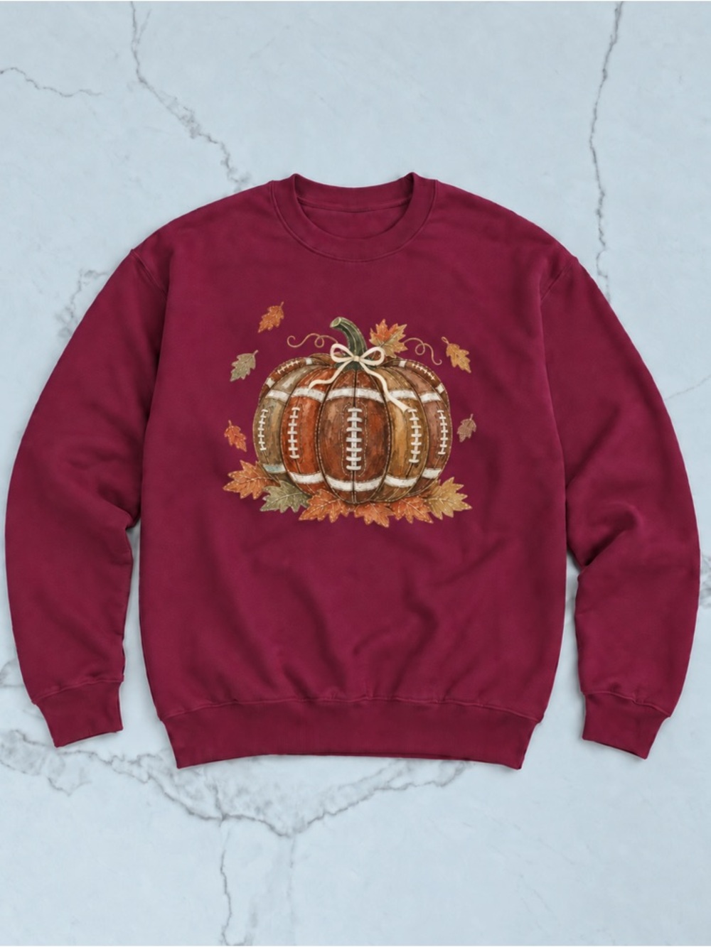 Fall Football Pumpkin Graphic Maroon Crewneck Sweatshirt